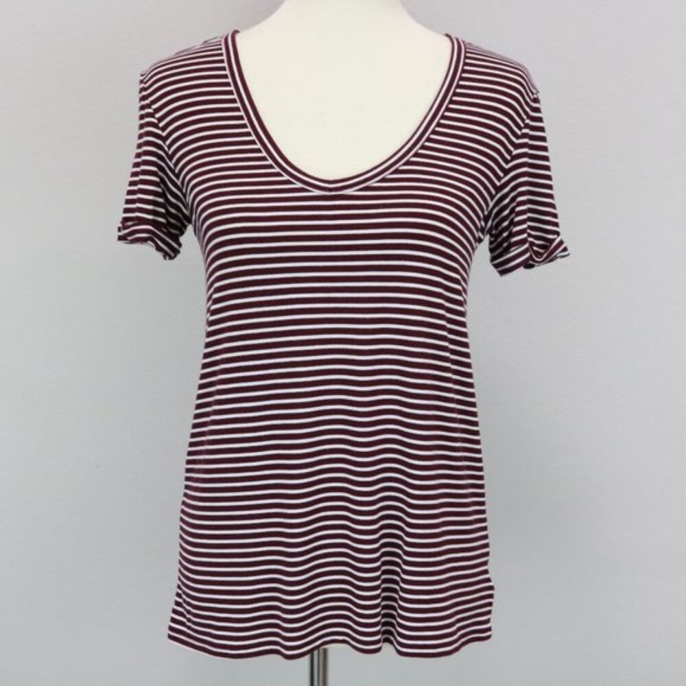 AEO American Eagle Burgundy White Striped Soft & Sexy V-Neck T-Shirt